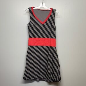 Sleeveless V-Neck Striped Dress with Red Trim